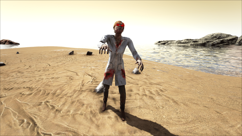 A zombie scientist roams the beach