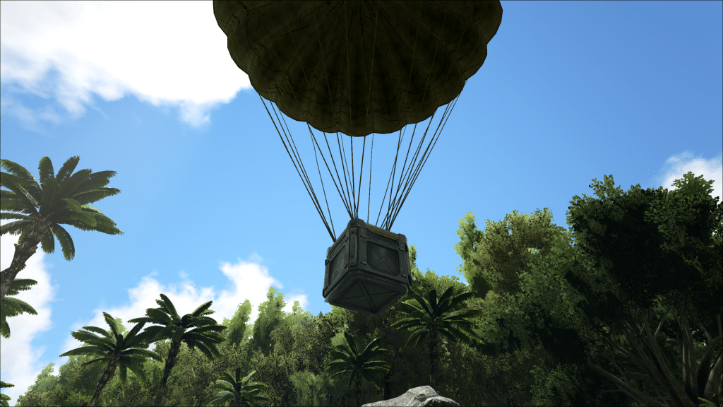 A supply drop parachutes in